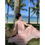 Hanging Neck Dress Women Summer Long Dress Small Pink Sleeveless Seaside Holiday Tie Dye Dress
