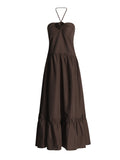 Temperament Gentle Wind 2025 Summer New Splicing Convex Flowers Decorated Hanging Neck Silk Dress Woman
