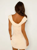 Sexy One-Word Hanging Shoulder-Wielt Tective Dress Spring And Summer Twinning Lotus Side Sleeves And Hips Mini Short Skirt