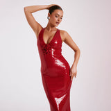 Lit Back Party Sexy Dress Red Cane Open-Fork Dress Three-Dimensional Flower Dress