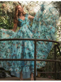 2024 Holiday Windwood Ear Sleeveless Back Cross-Lace Sexy Dew Chopped Flower Chiffon Skirt Long Dress