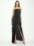 Girls Street-Wind Cowboys Breast-Clovy Dress 2025 Spring Vintage Personality Design Sense-Forked Long Dresses