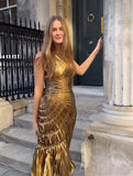 Sleeveless Sexy Hot Gold Pressed Skirt Party Dress