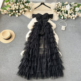 A line Off The Shoulder Tulle Short Sleeves Black Tulle Holiday Dresses Ruffles Women Dress SD1269