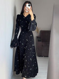 Middle East 2024 Spring New Lotus Leaf Sleeves To Close The Waist And Crushed Flowers Gentle Wind Dress Dress