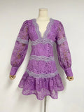 Autumn New V-Neck Lantern Sleeve Splicing Hollow Design Short Dress Woman