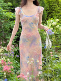 Oil Painting Pink Dress Women's New Summer Temperament To Collect Waist Thin Sling Skirt Holiday Long Broken Floral Dress HZ0628