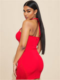 Women's Deep V-Neck Hanging Neck Tuxedo Short Bag Ass Party Sexy Hot Girl Bandage Dress