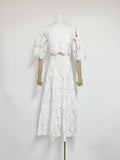 Spring And Summer Embroidery Hollow Round Horn Short Top + Holiday Water-Soluble Lace Skirt Dress Suit