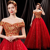 2025 New Dry Verted Gold Red Bride Wedding Toast Solo Stage Performance Evening Dress