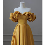 Shoulder Banquet Evening Dress Dress Female-Singen-Faced Yellow Temperament Light Luxury Niche High-End Art Exam Host Dress