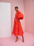 Tide Brand 2025 Spring Round Collar Lotus Lantern Sleeve Strap To Close The Waist Orange Red Dress Dress Dress