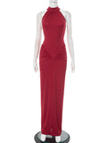 Women's Solid Color Sleeveless Hanging Neck Tight-Up Kitted Open Fork Dress DJPT