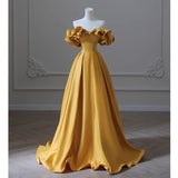 Shoulder Banquet Evening Dress Dress Female-Singen-Faced Yellow Temperament Light Luxury Niche High-End Art Exam Host Dress