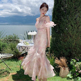 Bubble Sleeve Chiffon Flower Hanging Dress Women Summer Seaside Holiday Super Fairy Long Dress