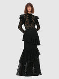 Summer New Collar Horn Long Sleeve With Waist Hollow Lace Dress Suit Woman