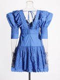 Romantic Court Style 2025 Spring New Fashion V-Necked Sleeve Lace Laminated Short Dress Woman