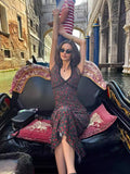 Retro Black V-Neck Rose Crush Babes Body Dress Female Pure Ass Long Skirt