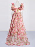 Court Style 2025 Summer New Square Slings Oversized Skirts Tail Lotus Leaf-Side Printed Dress Woman