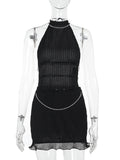Summer Sexy Pearl Chain Hanging Neck Back Dress Suit DJPT
