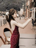 Luth's Same Red V-Neck Broken Flower Hanging Neck Sling Dress In The Middle And Long Summer Holiday Style Dress