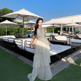 Holiday Atmosphere Feel Dress Women Folded Deep V Hanging Neck Dress Pure Lusty Style Big Back Cake Dress