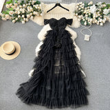 A line Off The Shoulder Tulle Short Sleeves Black Tulle Holiday Dresses Ruffles Women Dress SD1269