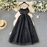 A line Spaghetti Straps Black Tulle Holiday Dresses Feather Women's Dress SD1270