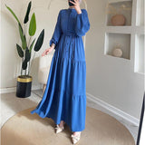 Women's Autumn Round-Neck Long-Sleeved Single Buckle High-Waisted Splicing Dress