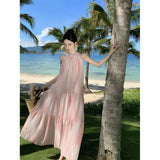 Hanging Neck Dress Women Summer Long Dress Small Pink Sleeveless Seaside Holiday Tie Dye Dress
