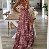 2025 Bohemian New Sling Dress High-Waist V-Neck Print Floral Dress Women's Dress DJPT