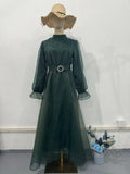Spring 2024 New Half-High Neckernet Yarn Elegant Thin Lantern Sleeve Dress Woman