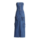 Girls Street-Wind Cowboys Breast-Clovy Dress 2025 Spring Vintage Personality Design Sense-Forked Long Dresses