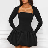 Women's Solid Color Square Collars With Long Sleeves Elegant Floral Skirt DJPT