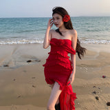 Sexy Pure Lust Wind Heavy Industry Lotus Side Drag Tail Irregular Braid Dress Holiday Red Chiffon Dress