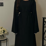 Fashion Loose Leek Solid Color Round Collar Waist-Purity Temperament Dress