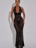 Trendy Leek Deep V Hanging Neck Ass Skirt Woman 2024 Winter New Sexy Body Micro-Enlightenment Back Long Skirt HZ0628