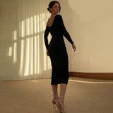 2025 New Solid-Color Long-Sleeved Bag-Pupled With Open-Fork Elastic Dress