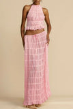 Women's New Sleeveless Hanging Neck Top Half Dress Two Sets HZ0628