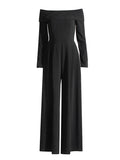 Famous Simple Wind 2025 Spring New Word Collar Long Sleeve Back Bow Design Long-Long Jumpsuit