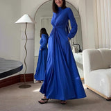 Women's Half-High Collar Lantern Sleeve Dress High-Waisted Knot Design Dress