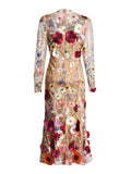 Retro-Colored Floral Embroidery Design For The Summer Of 2025 New Round-Neck Long-Sleeved Heavyweight High-Waisted Dress Woman