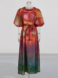 Court Style Dress 2025 Spring New Round Lantern Sleeves Gradually Swing Mid-Long Dress Women's Dress