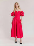 Retro Elegant Style Dress 2025 New Square Collar Bubble Sleeve Fish Bone Pressure Folded Dress Women's Summer