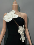 New Slant Shoulder Three-Dimensional Flower Evening Dress Sexy Elegant Party Party Tender Women's Dress
