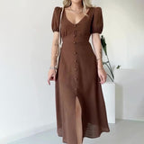 Women's Summer French V-Neck Bubble Bubble Sleeve High Waist Open Temperament With Long Dress