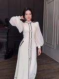2024 New Bow Decoration Black And White Splicing Temperament Half-High Collar Long Dress