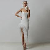 Open Fork Bra Feather Bandage Repair Body Elastic Party Mid-Long Dress Dress Dress