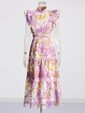 Bohemian Style Elegant Wind 2025 Summer Round Lead Flying Sleeves To Close The Waist Chopped Flower Long Dress Woman
