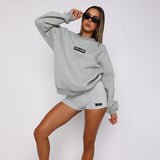 Round Collar Long Sleeves Loose Edgy Women High-Waist Print Tight Shorts Fashion Casual Babes Set DJPT